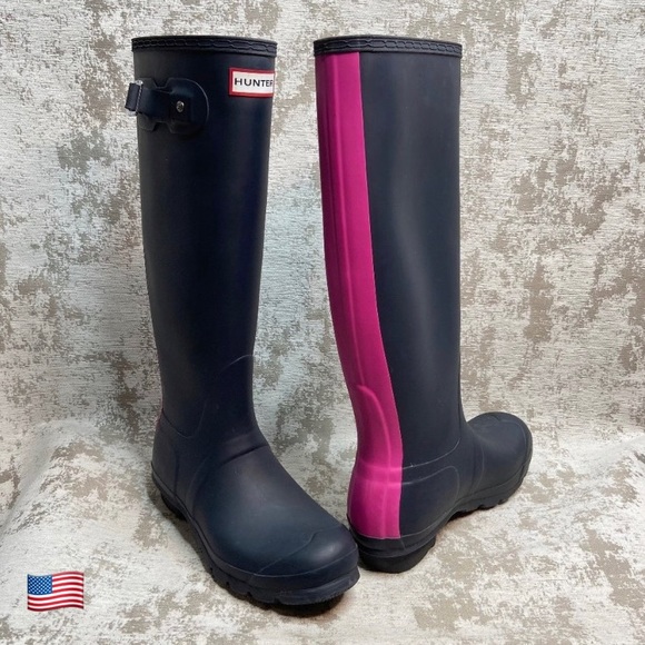 Hunter Shoes - Hunter Original Stripe Tall Boots in Navy/Pink